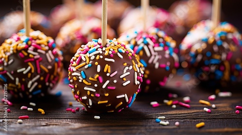 Delicious cake pops with frosting, chocolate, and sprinkles on a white plate