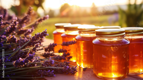 Jars of organic flower honey on a wooden table, with lavender, sunset in the background. Generative AI © AngrySun