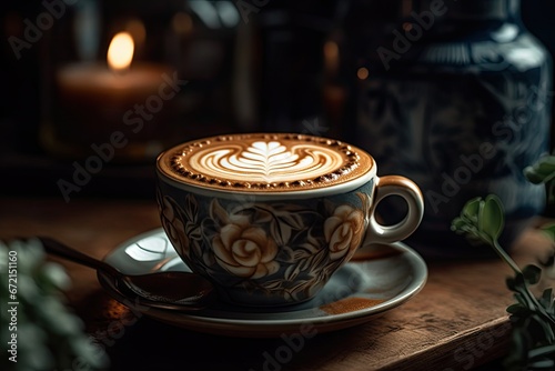 Decorative Cappuccino with latte in Floral Ceramic Cup  generative ai  ai  generative