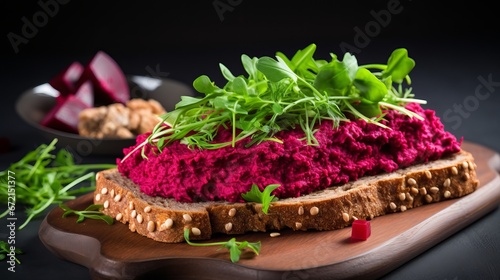Veggie lover nourishment. jostle with beetroot pate. solid eating. sandwiches with beetroot and walnut pate.