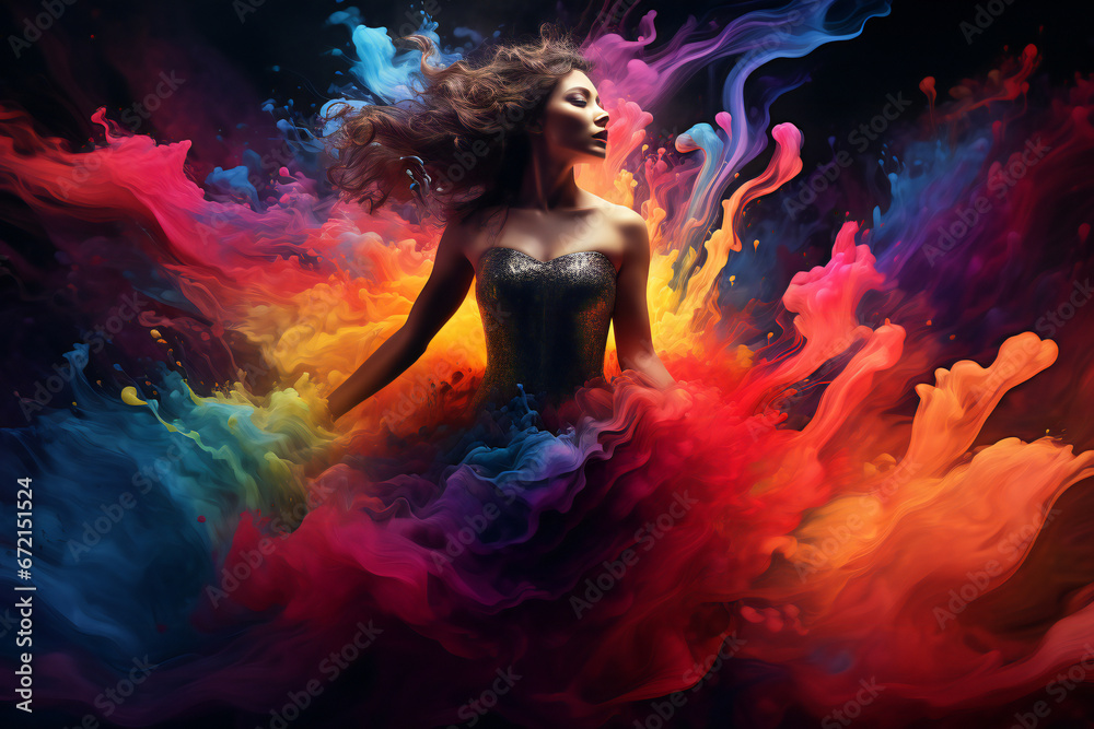 Creative colorful image with a girl in the middle of colorful waves of powder or paint