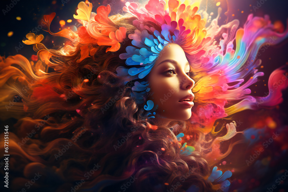 Colorful image of a young woman head wearing abstract colored shapes in her hair