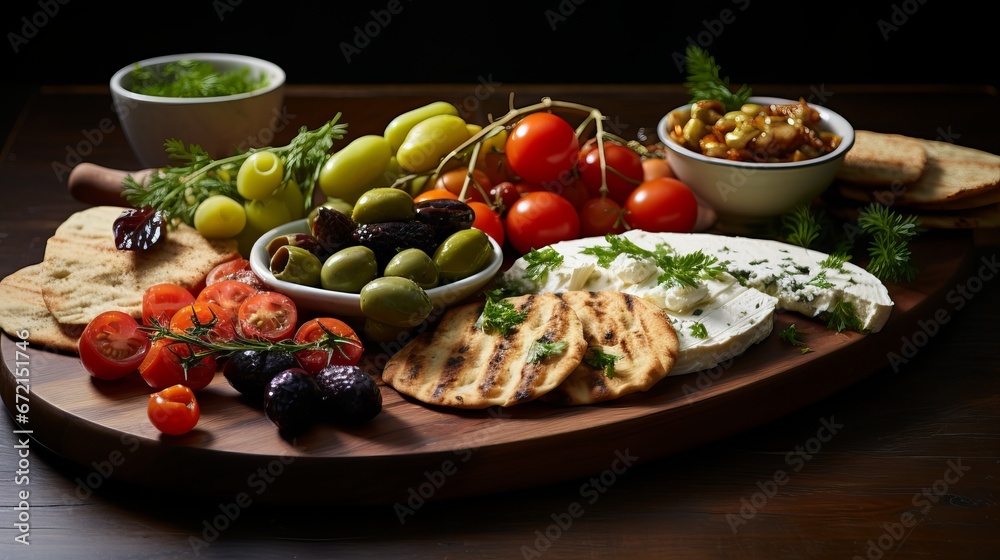 Turkish breakfast platter with cheese vegetables olives jams frankfurters and flatbread wrap