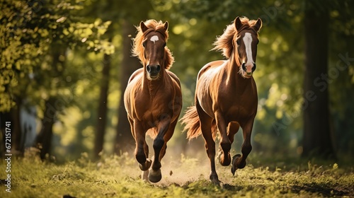 Two wild chestnut steeds running together in clean front see photo