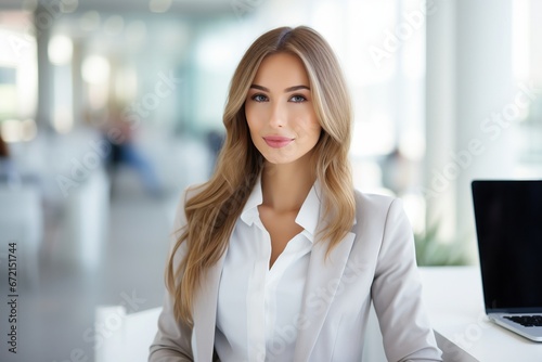 smartly dressed female business woman working in an office, minimalistic, bright lighting 