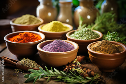 Colored dried herbs  spices and powders in ceramic bowls on a wooden table