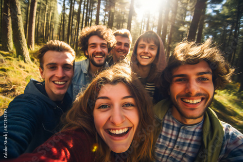 A wide angle selfie of a group of happy young friends in the forest