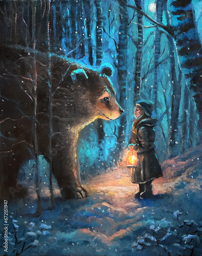 Little girl met Huge bear Forest spirit on winter snowy forest. Oil painting on canvas - fairytale animal with kid in forest . Original drawn oil picture for Christmas and New year greeting cards
