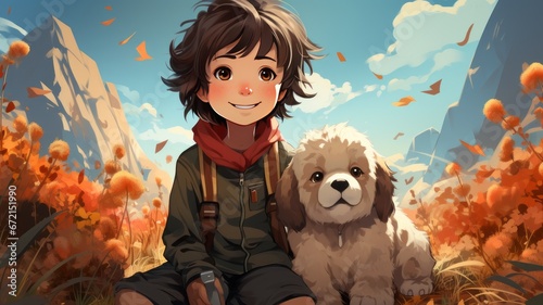 Illustration of a boy with a cute dog