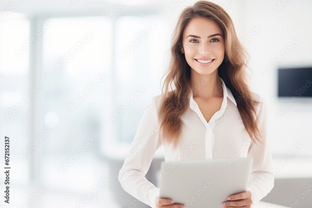 smartly dressed female business woman working in an office, minimalistic, bright lighting smartly dressed female business woman working in an office, minimalistic, bright lighting