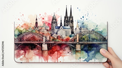 An illustration of Cologne's old town in colorful watercolors, isolated on a white background