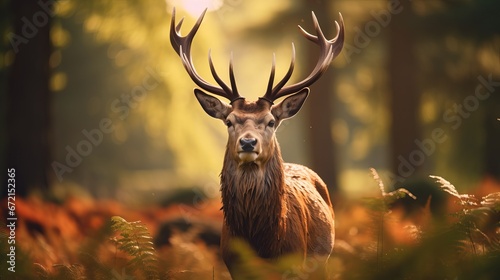 Sunlit ruddy deer stag with modern horns developing confronting camera in summer nature photo