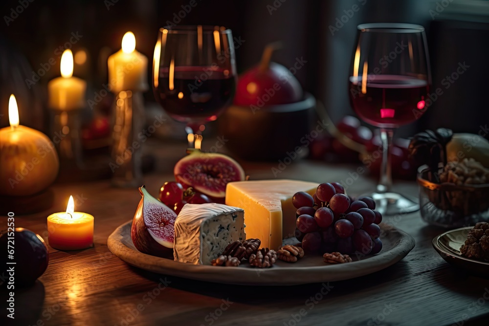 Red Wine and Cheese Evening Spread, generative ai, ai, generative