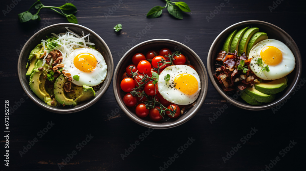 Small breakfast bowls with egg, avocado, and braised.