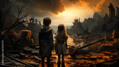 CHILDREN IN WAR. CHILDREN STAND IN FRONT OF A RUINE. © senadesign