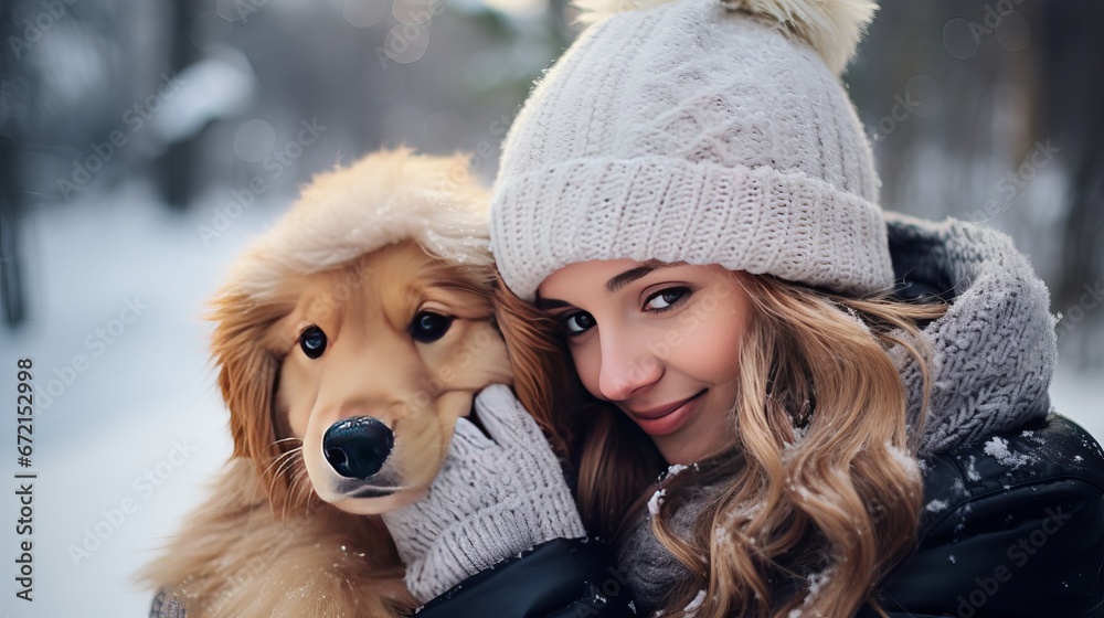 Wonderful young lady in a hide vest plays with a puppy within the snow