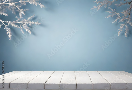 Painting 3d style  Soft Focus Empty white wooden table  Simple and elegant luxury. background image of the New Year Festival  Christmas soft pastel blue tones.