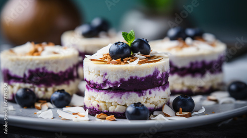 Vegan mini cheesecakes with blueberry and white chocolate photo