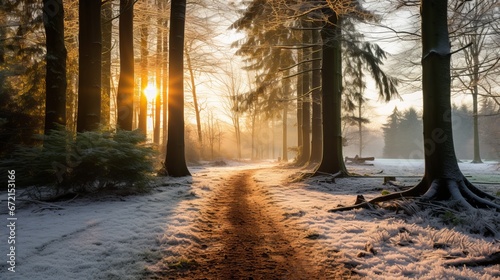 Wonderful view of a pathway in a woodland with trees secured with ice