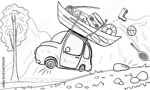 Line drawing depicting a car coming to rest, blowing a tire on a rock and scattering items