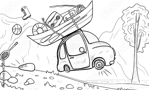 Line drawing of a car going to rest, blowing a tire on a rock, and scattering things around
