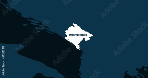 World Map Zoom In To Montenegro. Animation in 4K Video. White Montenegro Territory On Dark Blue World Map