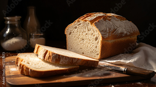 Sourdough bread sliced on a chopping board.