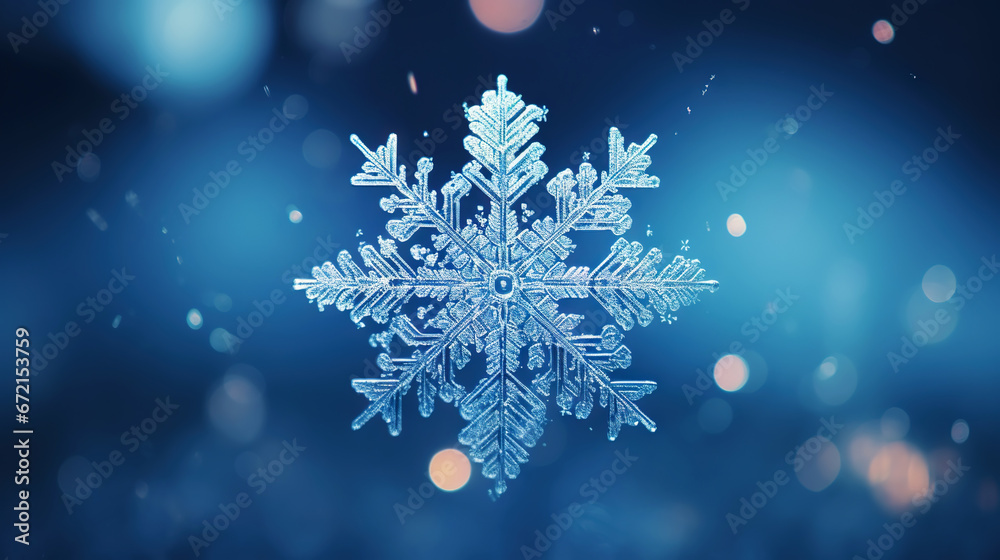 Close up of a glossy snowflake, macro photo of snow crystals on blue background. Generative AI
