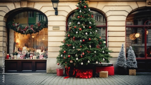 Christmas tree entices onlookers with festive allure. Christmas tree proudly graces front of shop beckoning passers-by with festive charm. Entrance of shop graced by Christmas tree © Stavros