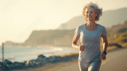 fit and happy middle aged woman running on the beach - 40s or 50s attractive mature lady with grey hair doing jogging workout enjoying fitness and healthy lifestyle at beautiful sea landscape photo