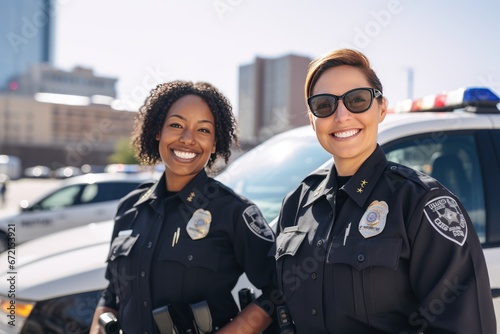 African American police officer and white police officer stand together. Multicultural police partners pose. African American with European colleague pose against police car before shift