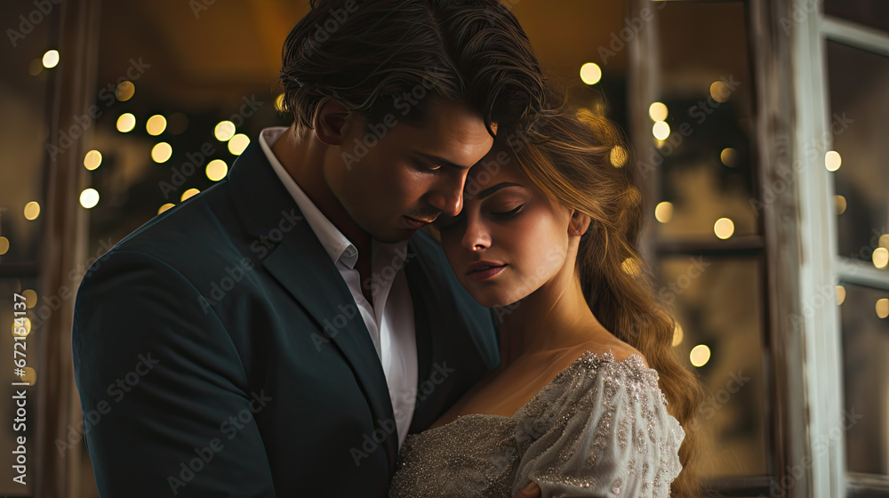 A young couple hug each other lovingly in the evening A young couple hug each other lovingly in the evening
