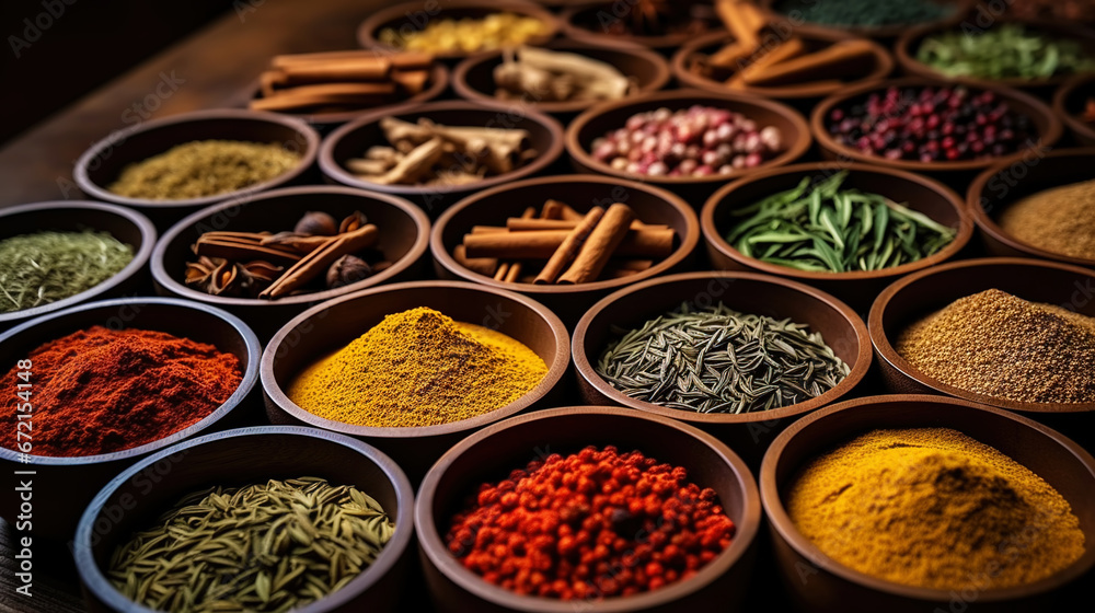 Fototapeta premium Collection of different aromatic spices, seeds and herbs in a small plates on wooden table, side view. Generative AI