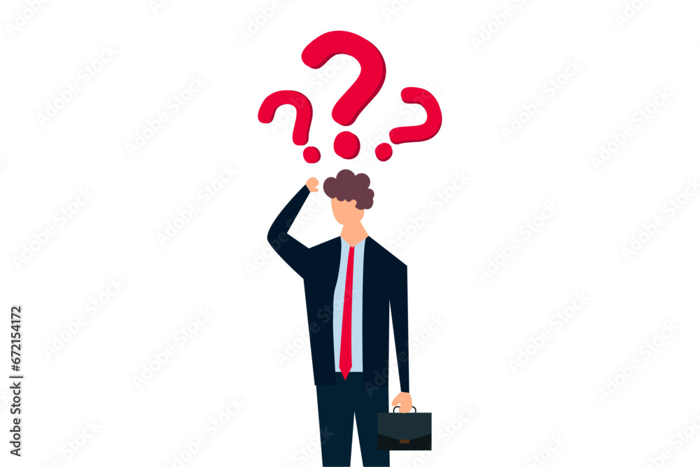 Skeptical, thinking to make decision, Businessman with suspicious gesture thinking about something with question mark. Skeptical, thinking to make decision, Businessman with suspicious gesture thinking about something with question mark.