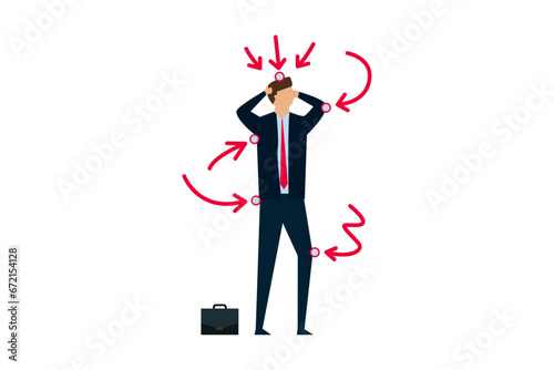 Customer pain points.An angry, unhappy user or customer with several arrows pointing to the source of the problem.