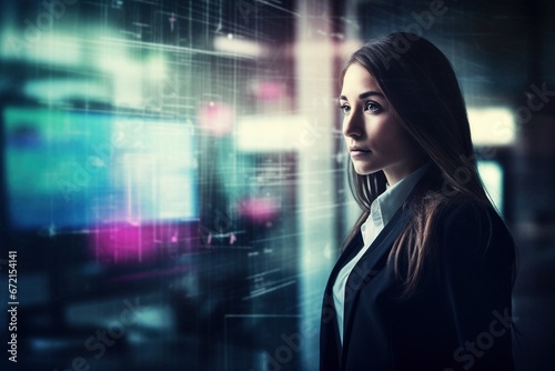 smartly dressed business woman in office, busy futuristic elements bright colors