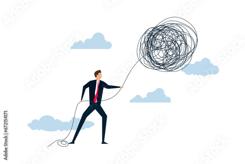 Crisis management, keen businessman calmly control and unravel mess line issue.
