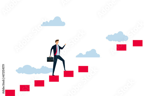 Career way impediment, commerce issue or chance, savvy businessman walk to another level with caution of harmed broken staircase 
