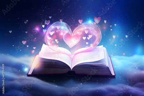 magic book with magic light love, An open book on a sky background with hearts © Planetz