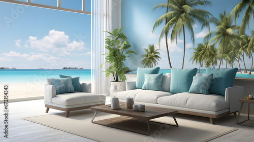 A tropical wallpaper with palm trees, sandy beaches, and azure waters, evoking the serene ambiance of an island getaway. © CanvasPixelDreams