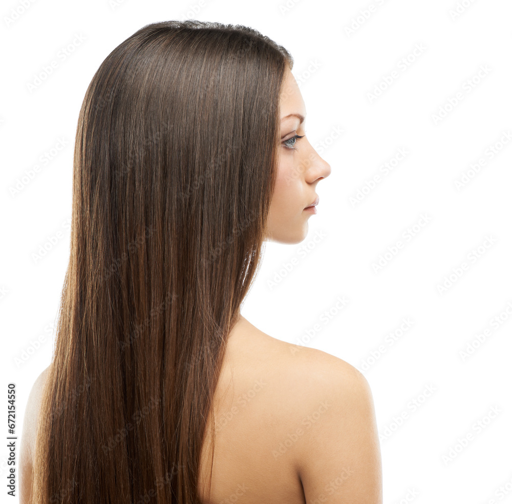 Naklejka premium Beauty, haircare and profile of woman isolated in studio with salon hairstyle, confidence and cosmetics. Hair, natural aesthetic and face of model girl with healthy style growth on white background.