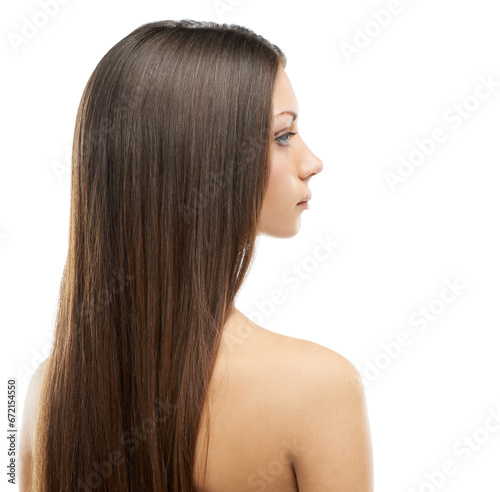 Beauty, haircare and profile of woman isolated in studio with salon hairstyle, confidence and cosmetics. Hair, natural aesthetic and face of model girl with healthy style growth on white background.