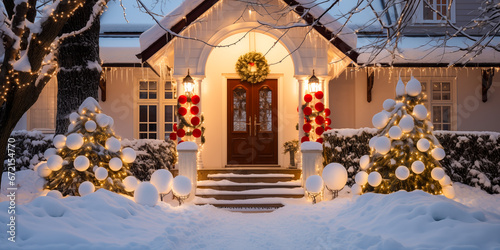 Beautiful winter night. House decorated with glowing lights for winter holidays. Night scene with fresh snow. Christmas and New Year holiday background. 