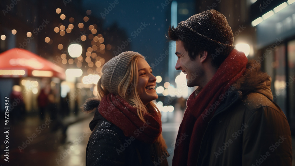 young couple in love walks in the street with christmas lights young couple in love walks in the street with christmas lights