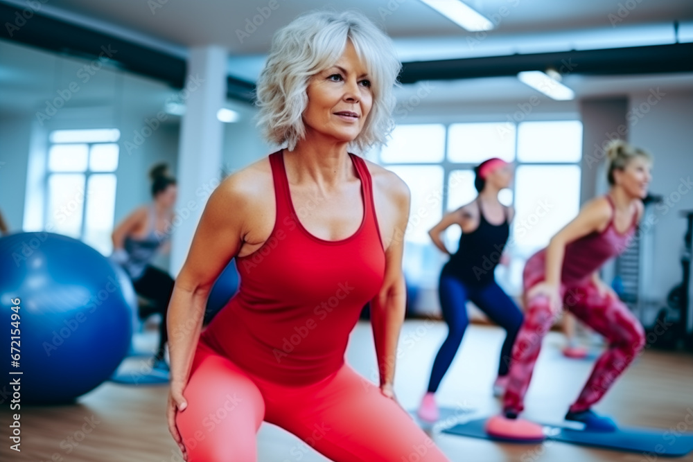 Woman doing fitness exercises in gym. Positive elderly woman doing squats during group exercises at the gym. A mature woman in good shape, leading an active lifestyle.
