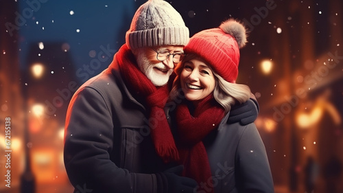 mature couple in love walks in the street with christmas lights
