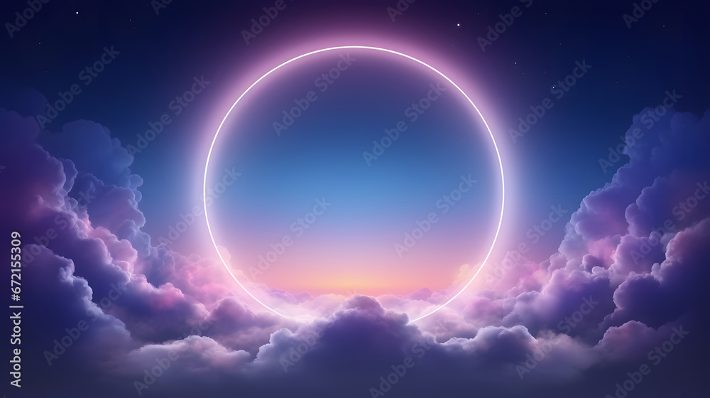abstract geometric background, ring shape glows with neon light inside the soft colorful cloud, fantasy sky with blank linear round frame