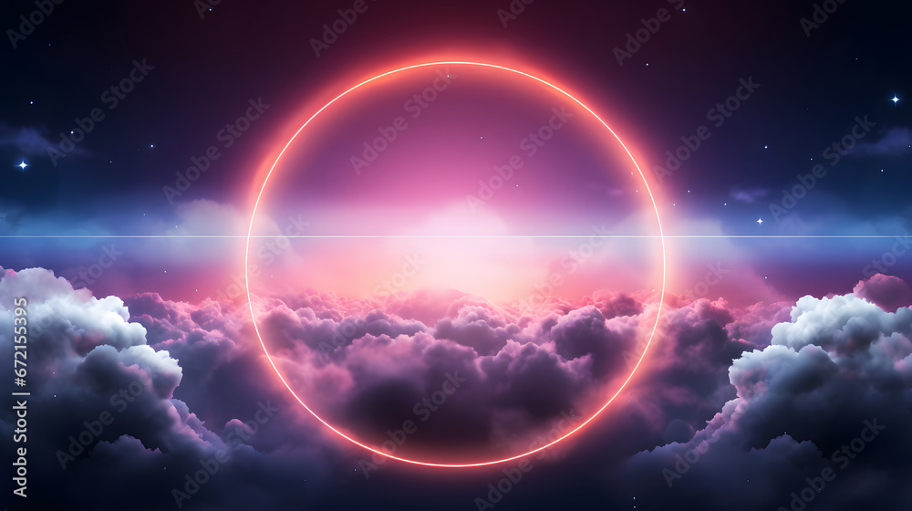 abstract geometric background, ring shape glows with neon light inside the soft colorful cloud, fantasy sky with blank linear round frame abstract geometric background, ring shape glows with neon light inside the soft colorful cloud, fantasy sky with blank linear round frame