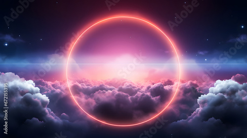 abstract geometric background  ring shape glows with neon light inside the soft colorful cloud  fantasy sky with blank linear round frame