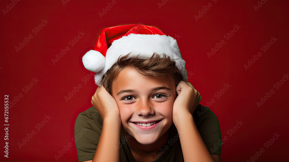 Teenager boy wearing a red Santa's hat, happy and smiling boy, Christmas festive time, Christmas banner Teenager boy wearing a red Santa's hat, happy and smiling boy, Christmas festive time, Christmas banner